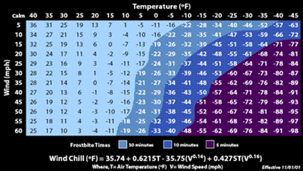 A chart of wind chill temperatures for given air temperatures and wind speeds